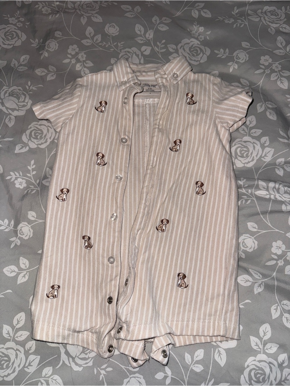 Little Me Beige and White Striped Puppy One-Piece